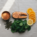 Flat lay of iron rich foods for recovery and balance, including salmon fillet, fresh spinach, lentils, pumpkin seeds, and sliced oranges and lemon on a beige linen background.