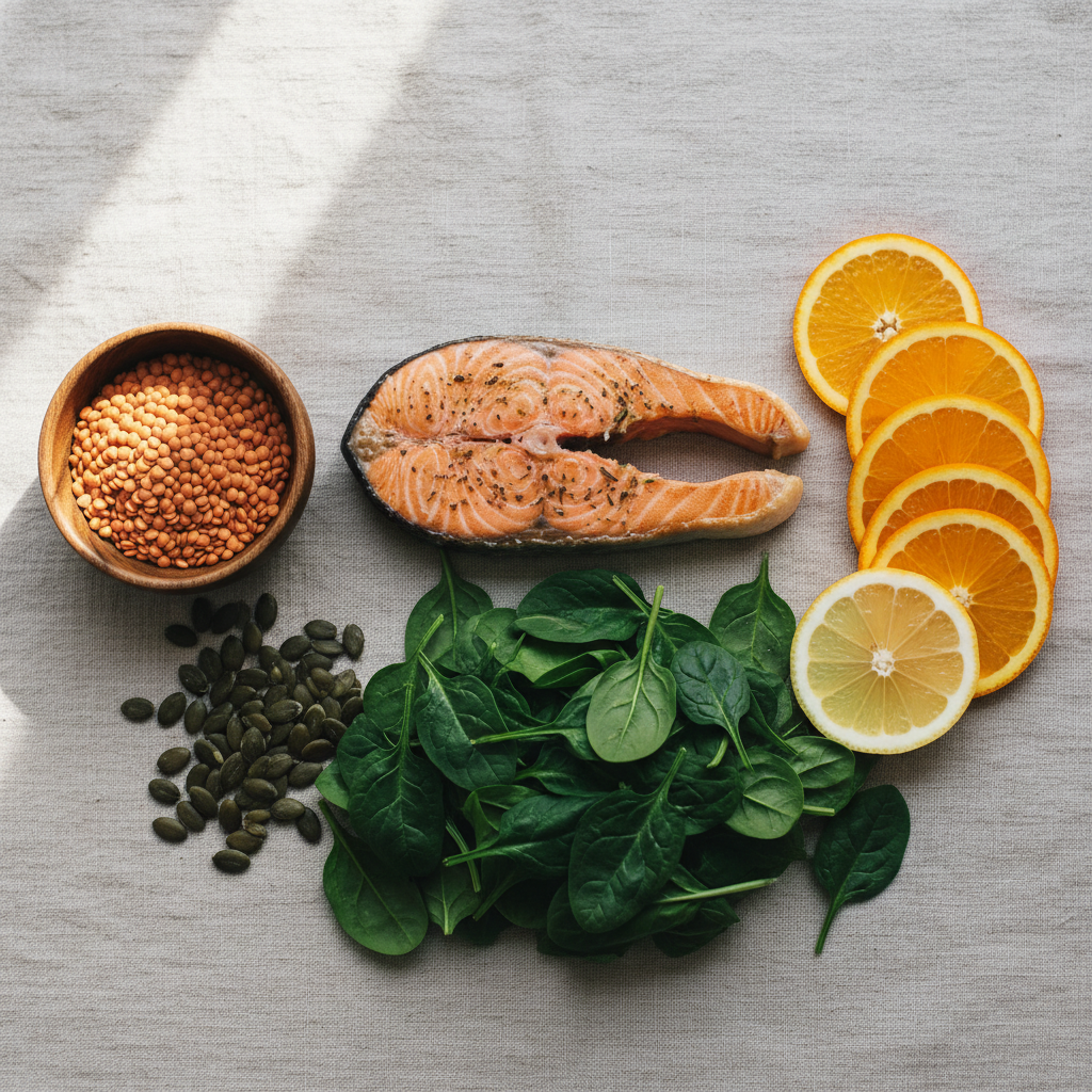 Flat lay of iron rich foods for recovery and balance, including salmon fillet, fresh spinach, lentils, pumpkin seeds, and sliced oranges and lemon on a beige linen background.