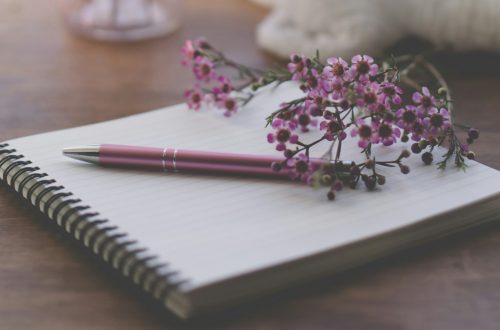 Open notebook with pink pen and delicate flowers resting on its pages