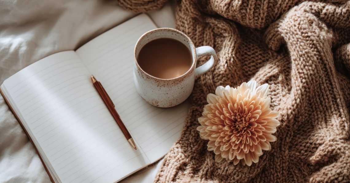 A cozy scene with a cup of coffee, open journal, pen, knitted blanket, and a flower, symbolizing calm reflection and self-care.