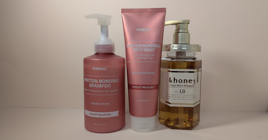 Hydrating haircare products for a sensitive scalp — Kundal Protein Bonding Shampoo, &honey Deep Moist Shampoo arranged on a neutral background.