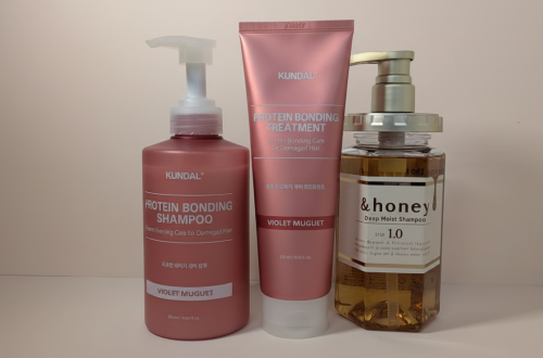 Hydrating haircare products for a sensitive scalp — Kundal Protein Bonding Shampoo, &honey Deep Moist Shampoo arranged on a neutral background.